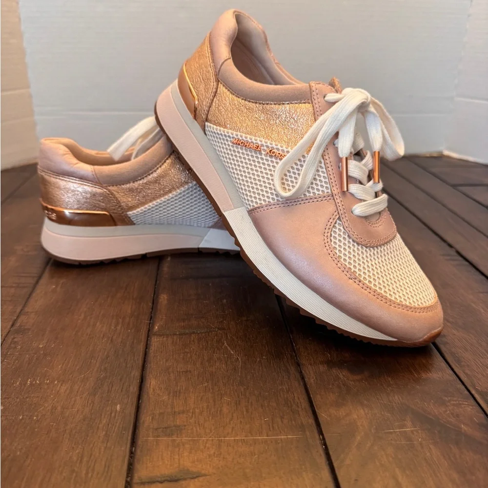 Michael Kors Womens Allie Trainer Leather Rose Gold Pink Sneaker Shoes 7.5 M